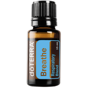 Botella de aceite esencial doTERRA Breathe® de 15 ml, una mezcla de aceites diseñada para promover la respiración clara y el bienestar.