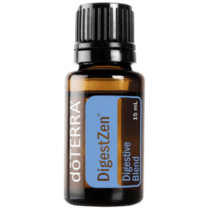 Botella de aceite esencial doTERRA DigestZen® de 15 ml, una mezcla de aceites diseñada para apoyar la digestión y aliviar molestias estomacales ocasionales.