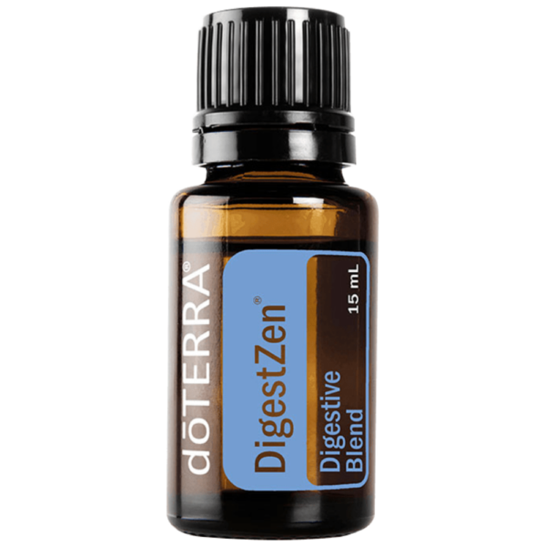 Botella de aceite esencial doTERRA DigestZen® de 15 ml, una mezcla de aceites diseñada para apoyar la digestión y aliviar molestias estomacales ocasionales.