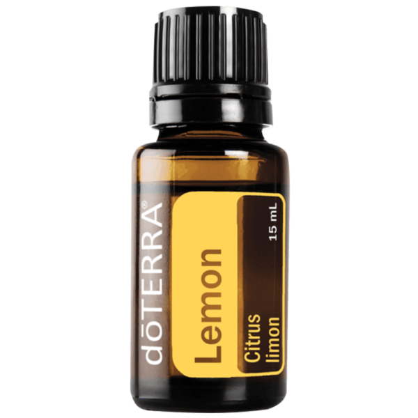 Botella de aceite esencial doTERRA Lemon® de 15 ml, un aceite cítrico refrescante con propiedades purificantes y digestivas.