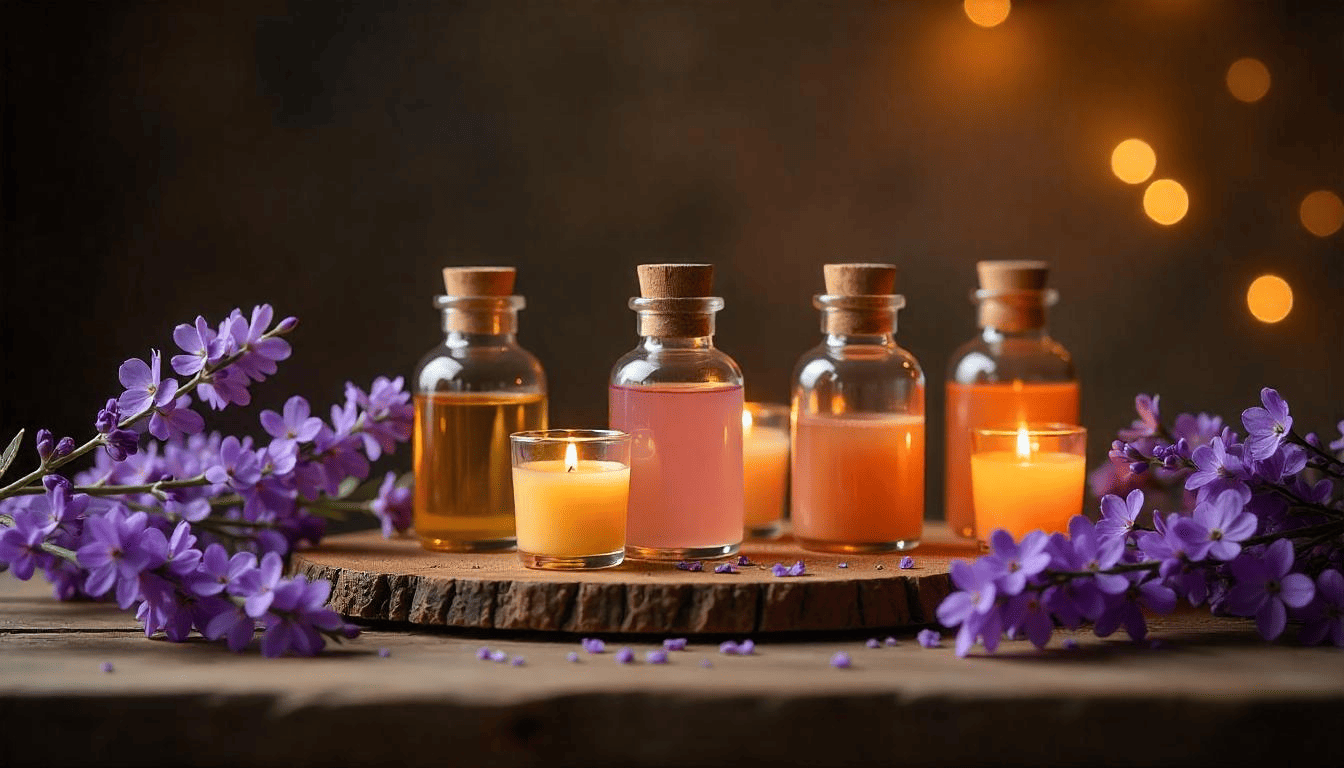 Artesano de Vida Aceites Esenciales - Belleza y Sabiduría en Cada Gota Frascos de aceites esenciales con flores de lavanda y rosas, junto a una vela encendida sobre base de madera en ambiente natural.