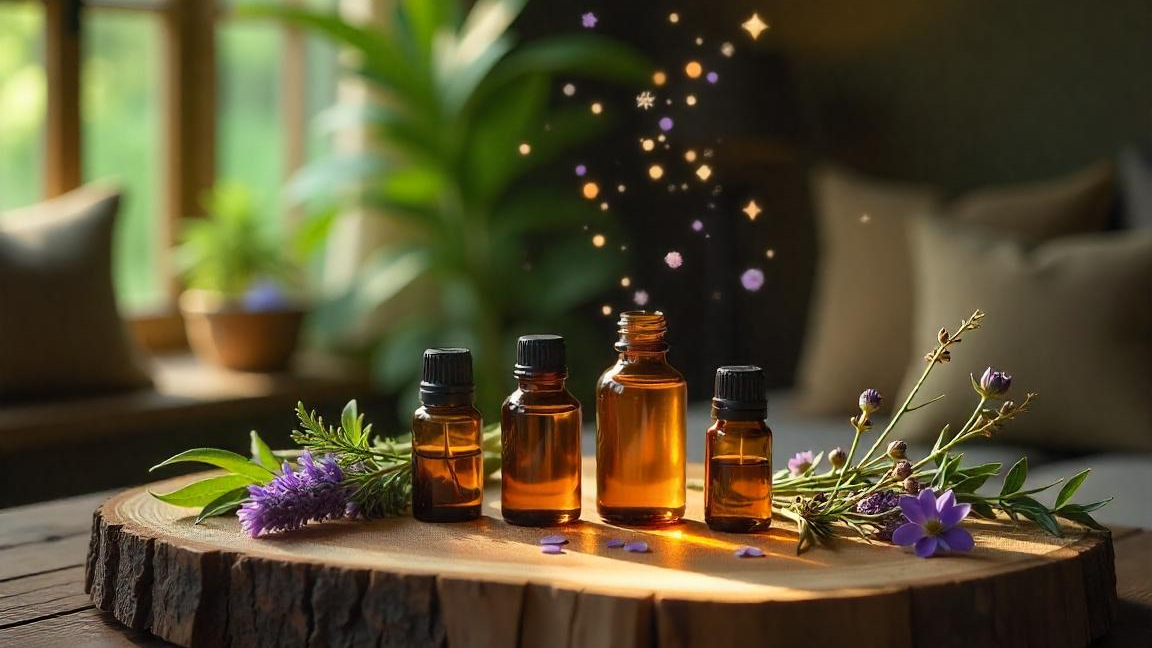 Artesano de Vida El Poder Natural de los Aceites Esenciales en tu Hogar moderno Frascos de aceites esenciales con lavanda y plantas sobre base de madera rústica en un ambiente acogedor.