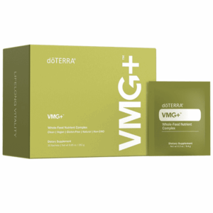 Caja y sobre del suplemento en polvo VMG+ con nutrientes de alimentos reales, ideal para una nutrición vegana y limpia.