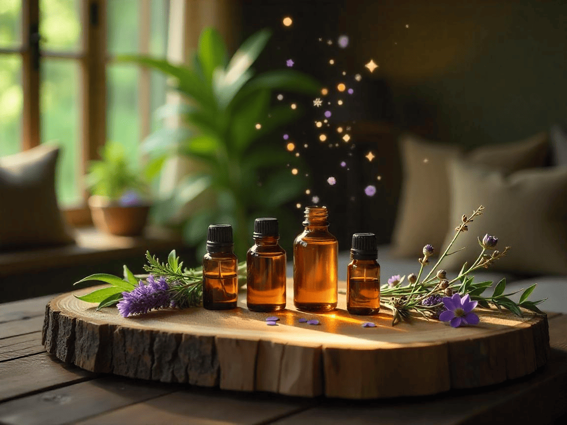 Frascos de aceites esenciales con lavanda y plantas sobre base de madera rústica en un ambiente acogedor.